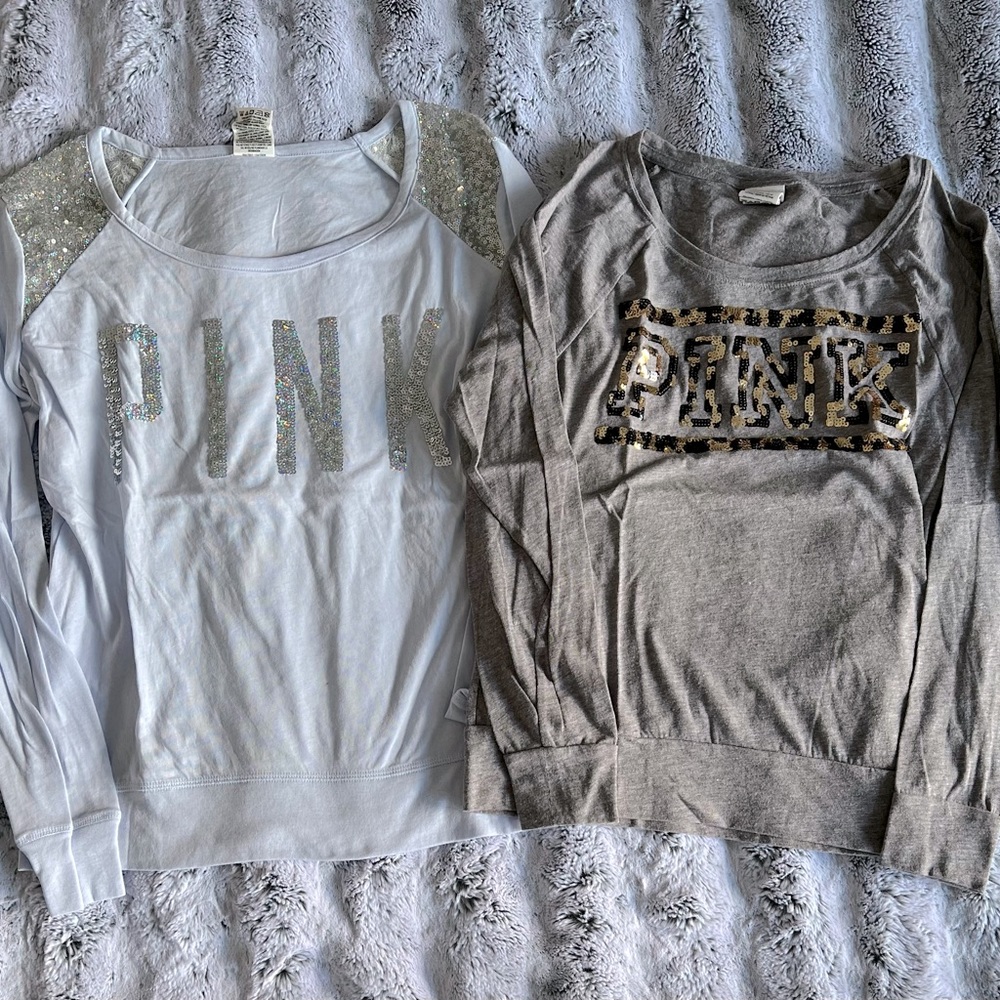 Lot/Bundle of 2 Victoria’s Secret PINK LS Tees Size S/XS Sequins Bling